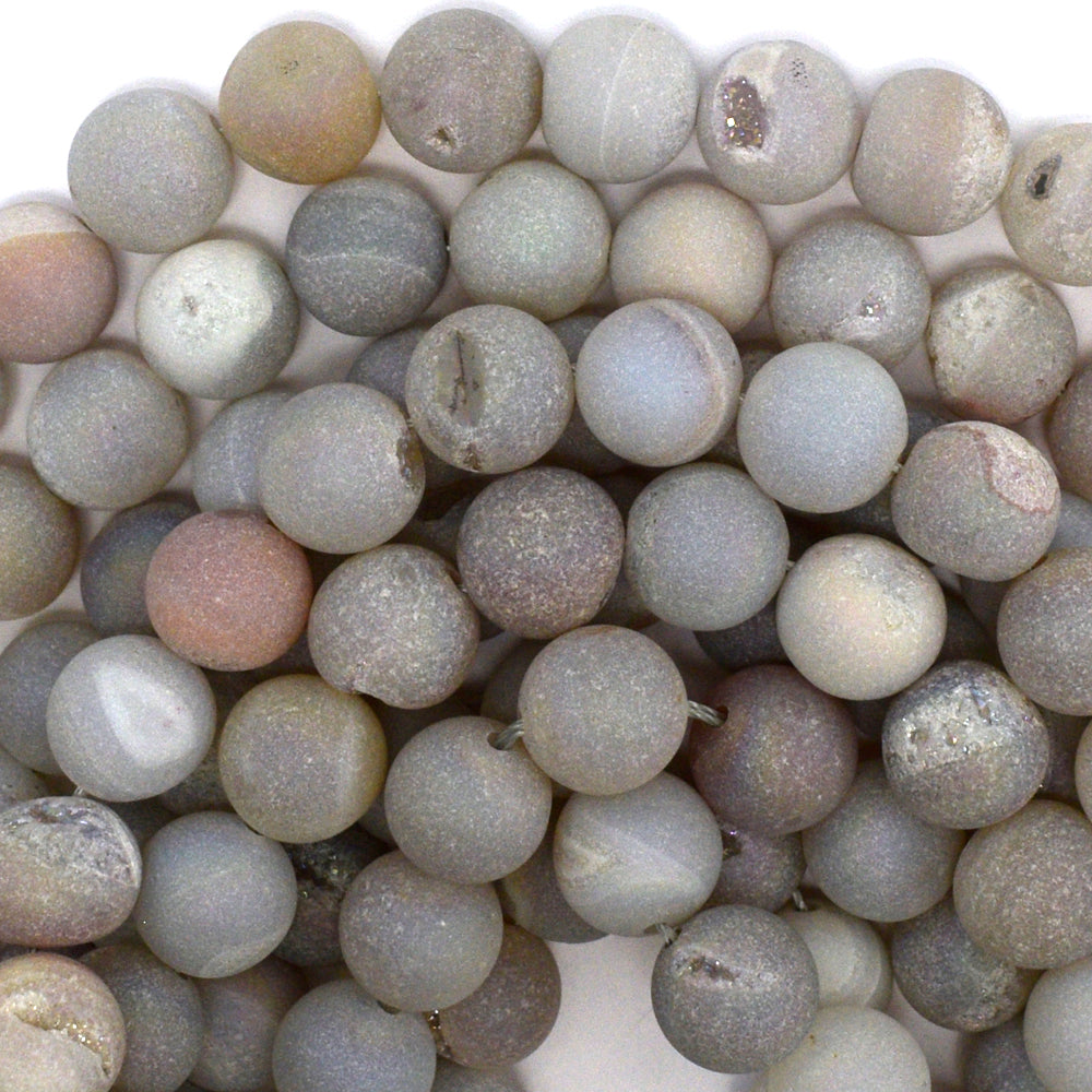 Natural Matte Gray Druzy Agate Round Beads Gemstone 15" Strand 6mm 8mm 10mm