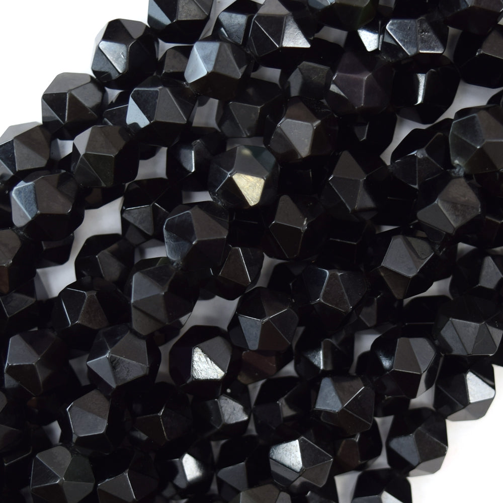 Star Cut Faceted Black Obsidian Round Beads 15.5" Diamond Cut 6mm 8mm 10mm