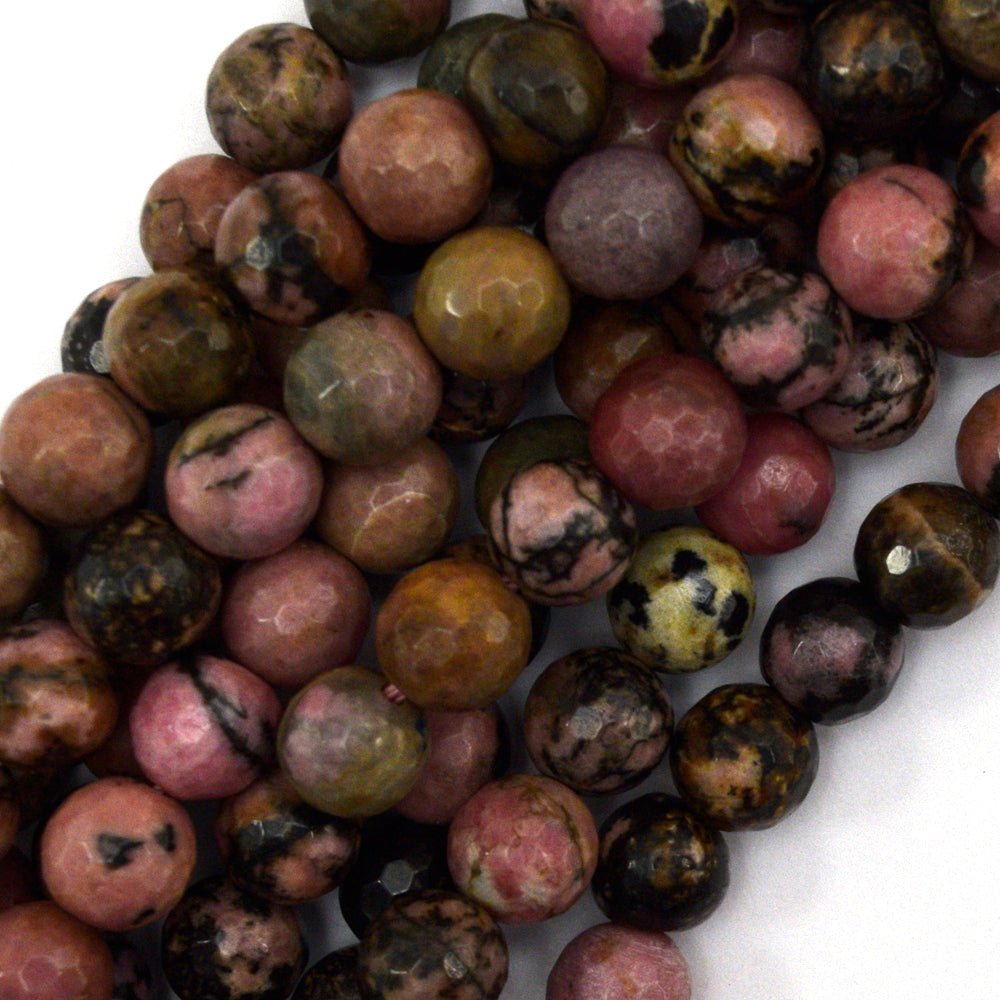 8mm faceted black pink rhodonite round beads 15.5" strand