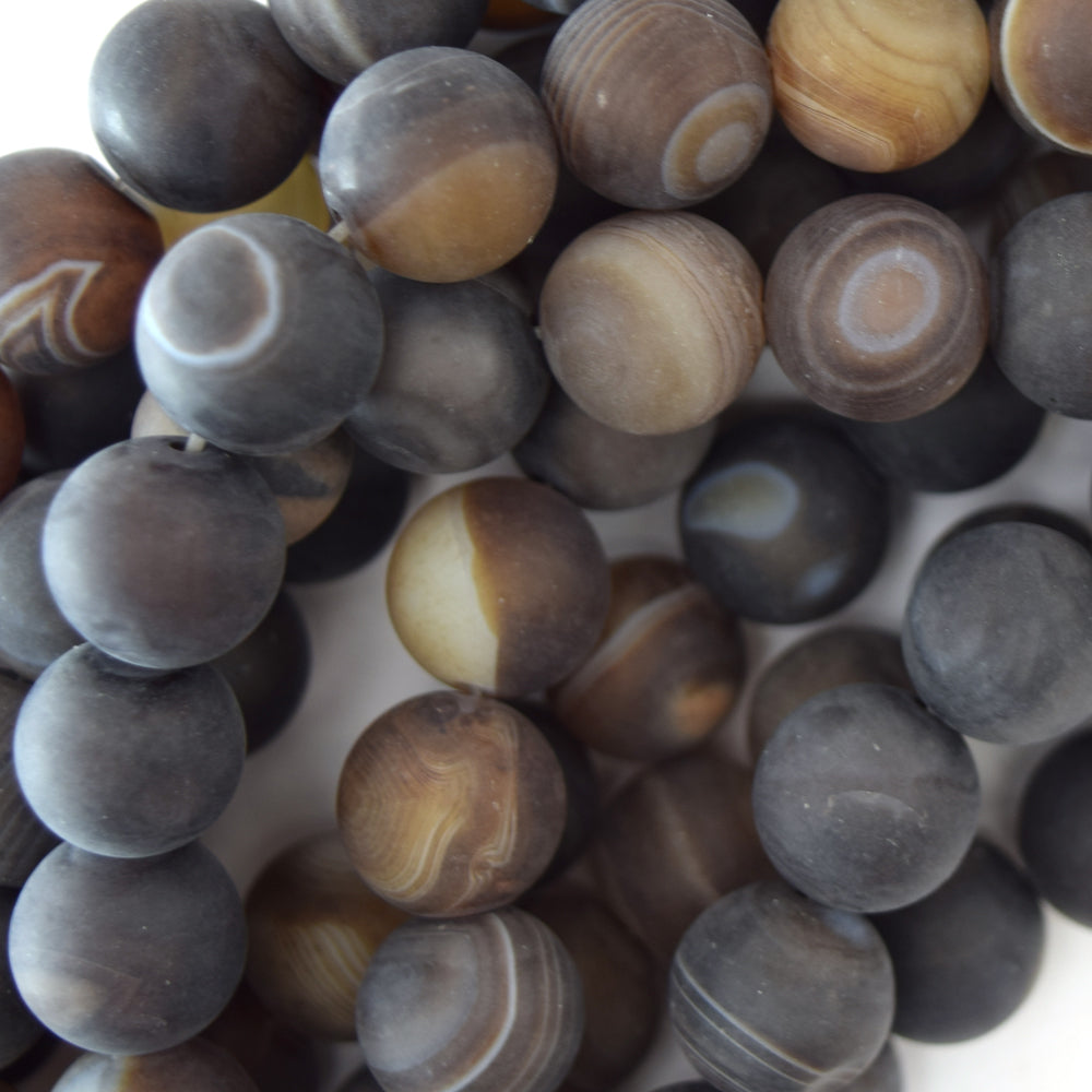 12mm matte brown stripe agate round beads 15" strand