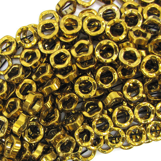 12mm hematite twist donut beads 16" strand gold