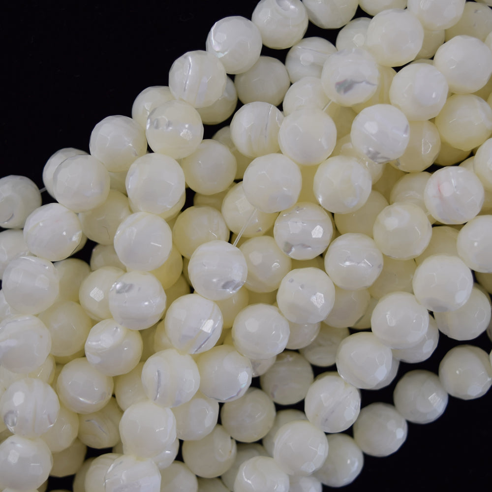 Faceted White Mother Of Pearl MOP Round Beads 15.5" Strand 3mm 4mm 6mm 8mm 10mm