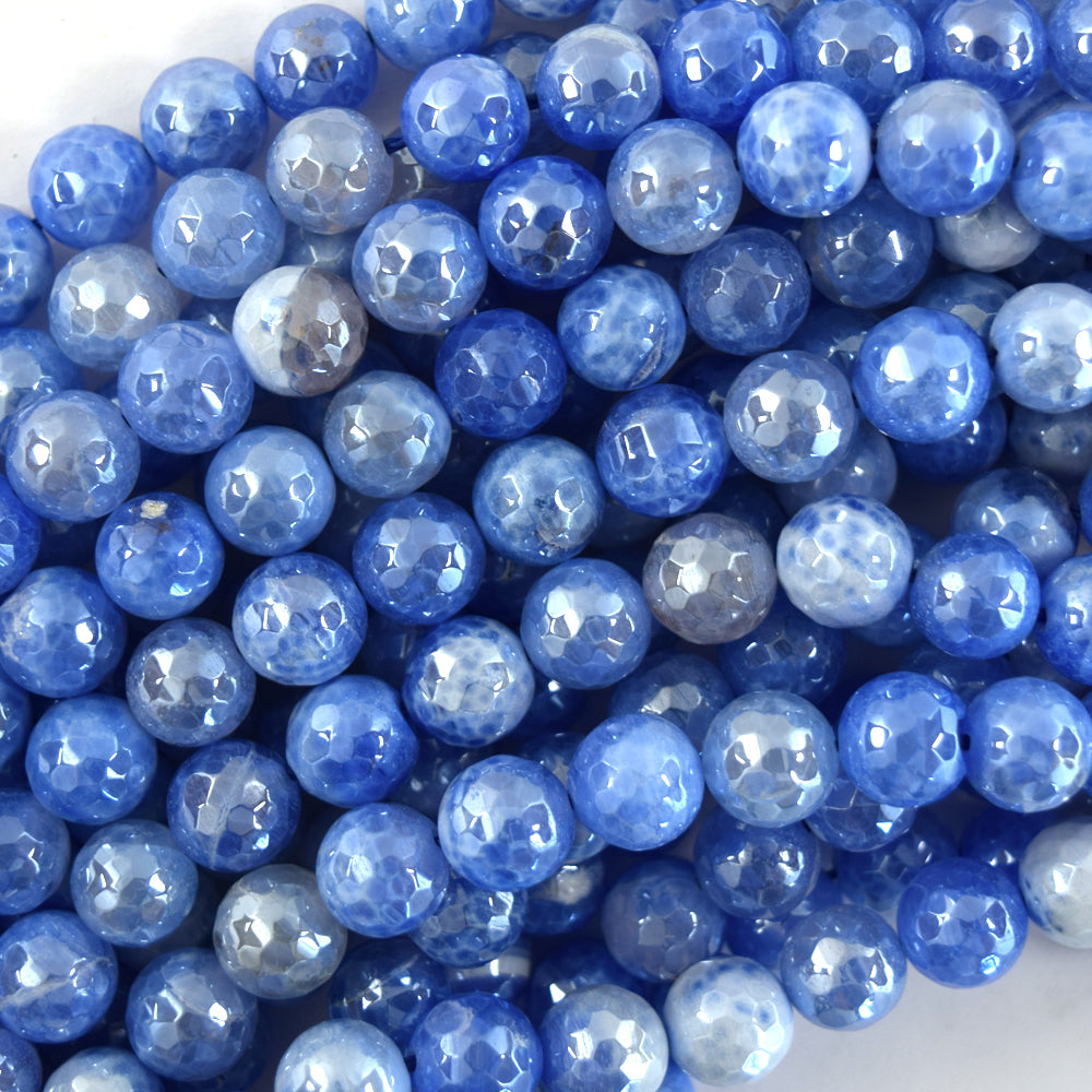 Mystic Titanium Faceted Blue Fire Agate Round Beads 15" Strand 6mm 8mm 10mm