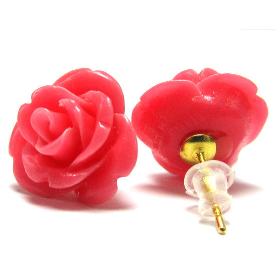 14mm synthetic coral carved rose flower earring pair pink