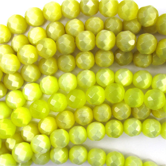 8mm faceted fiber optic cats eye round beads 14.5" strand yellow