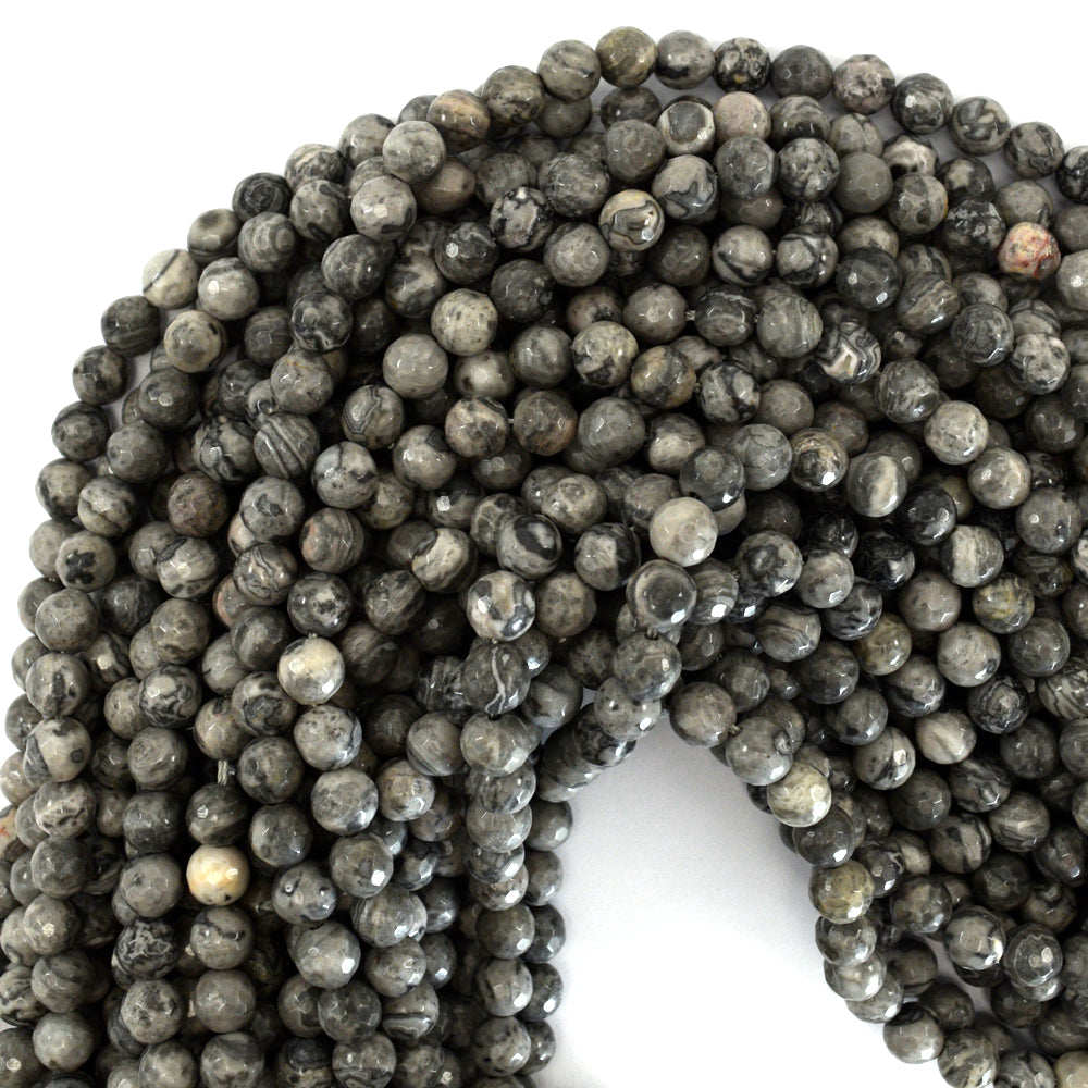 Natural Faceted Gray Map Jasper Round Beads Gemstone 15" Strand 4mm 6mm 8mm 10mm