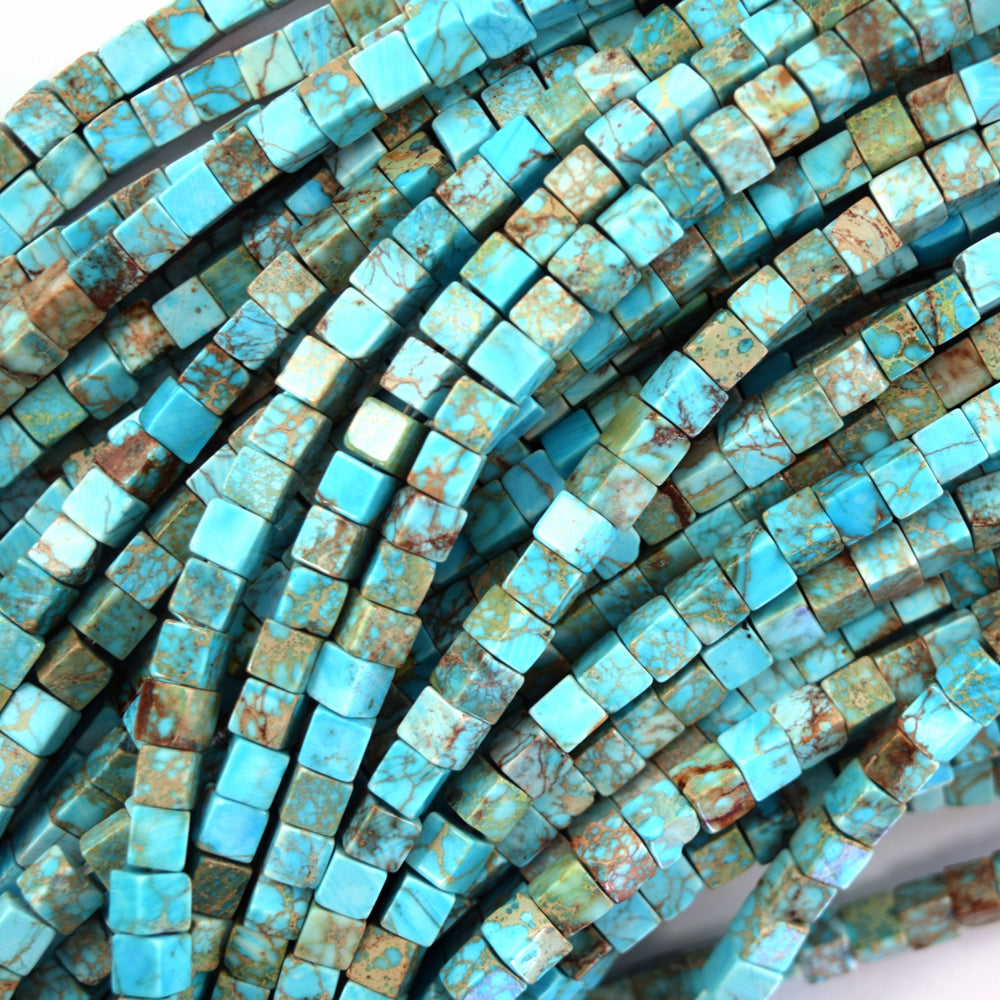 4mm Sea Sediment Jasper Cube Beads 15" Strand Sky Blue Purple Lemon Green