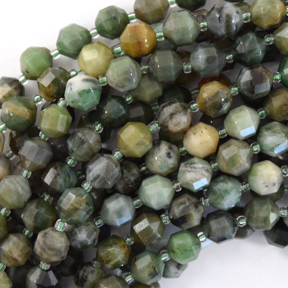 Natural Green African Jade Prism Double Point Cut Faceted Beads 15.5" 8mm 10mm
