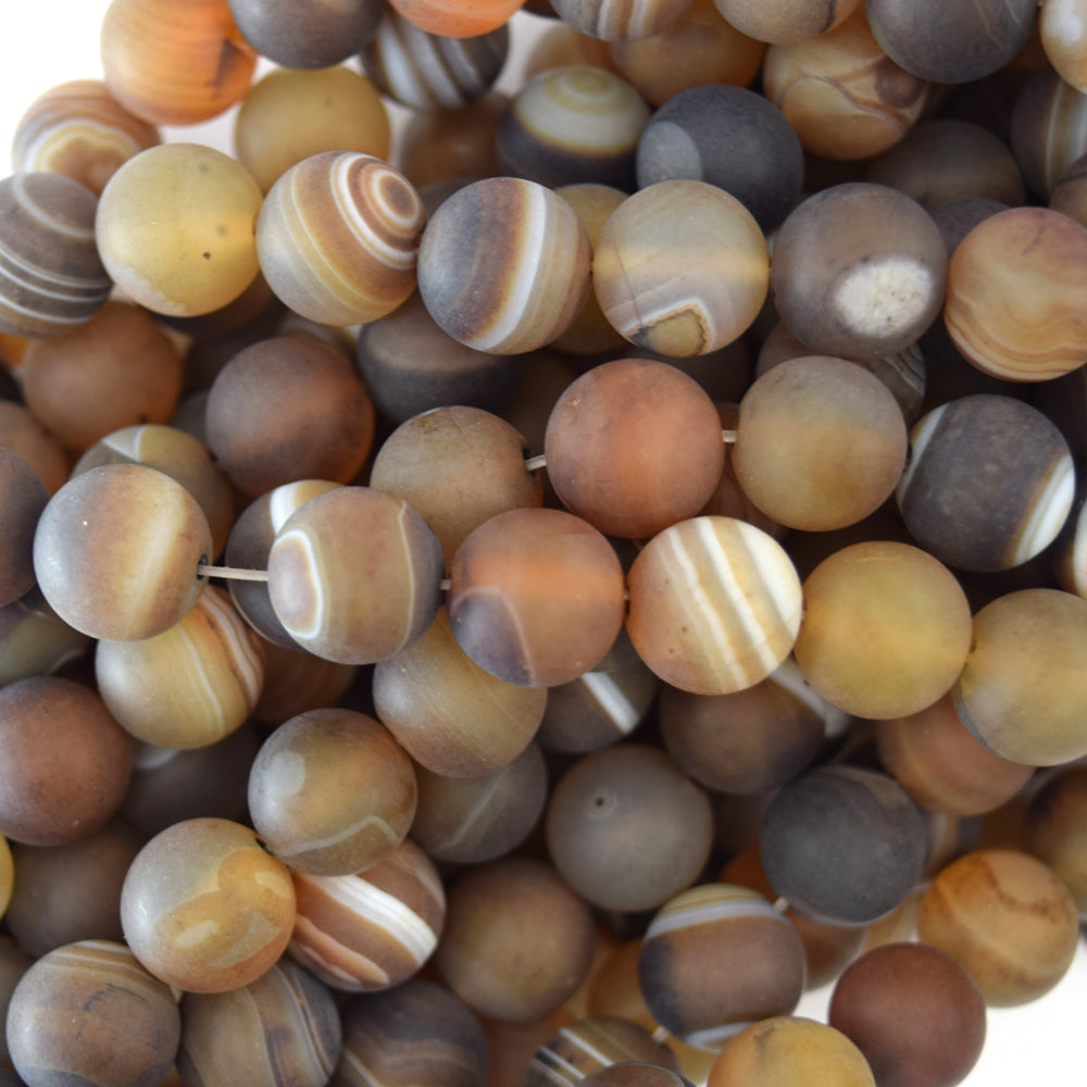 10mm matte brown stripe agate round beads 15" strand S1