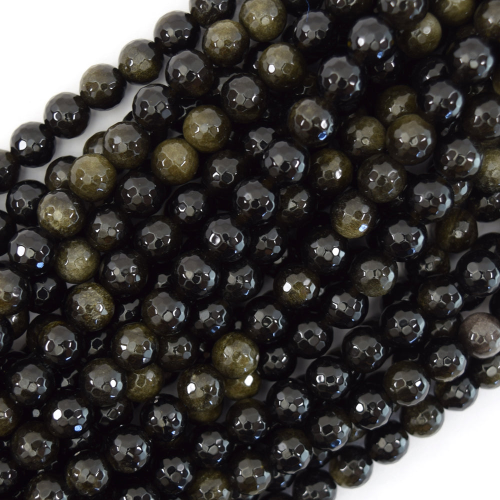Natural Faceted Black Gold Obsidian Round Beads 15" Strand 3mm 4mm 6mm 8mm 10mm 12mm