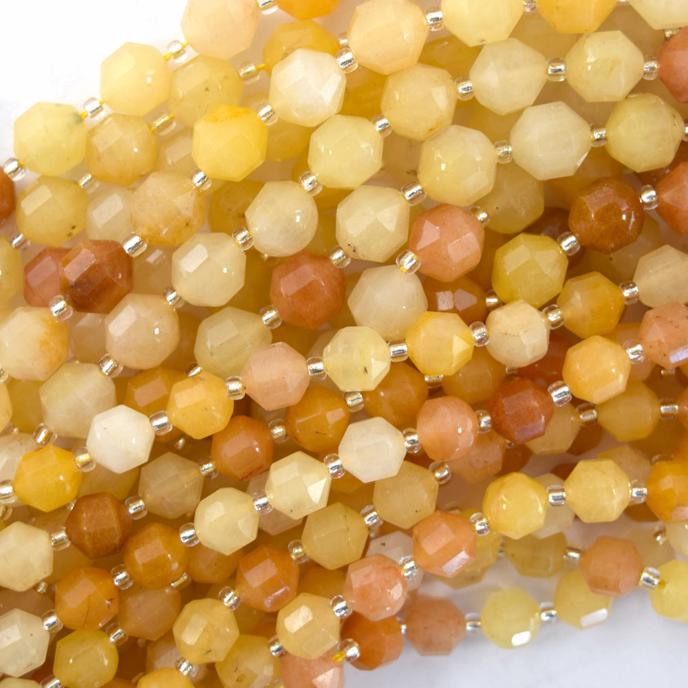 Natural Yellow Jade Prism Double Point Cut Faceted Beads 15.5" Strand 8mm 10mm