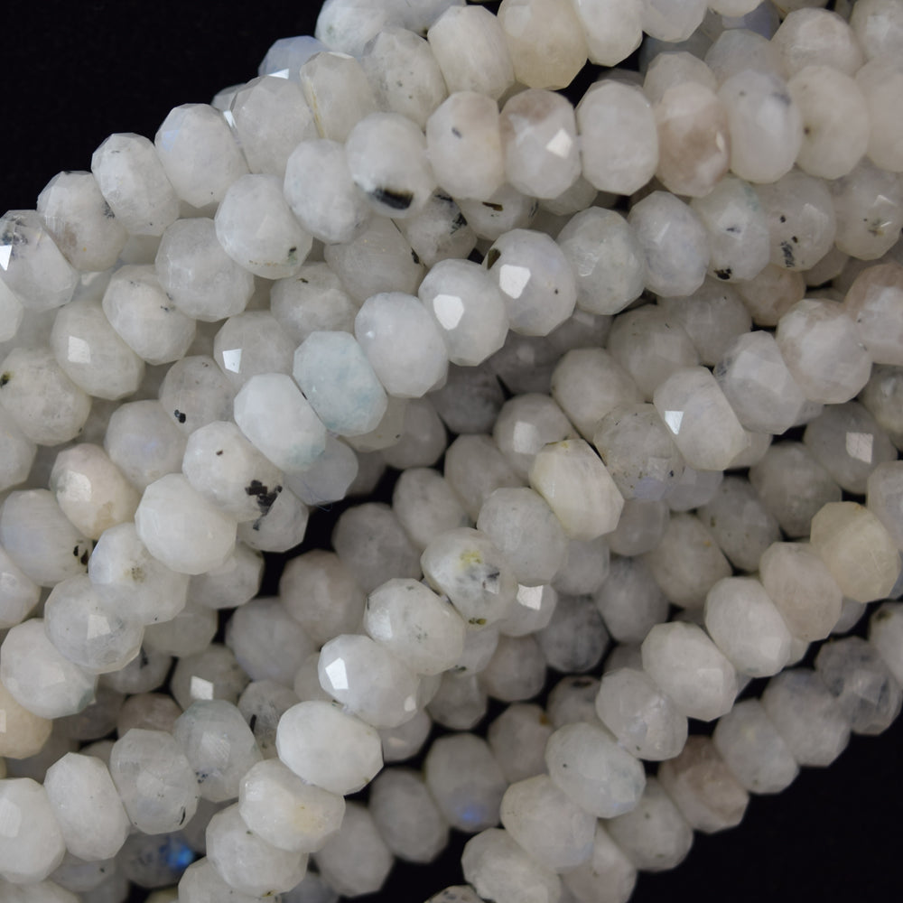 Natural Faceted White Moonstone Rondelle Button Beads 15.5" Strand 3mm 4mm