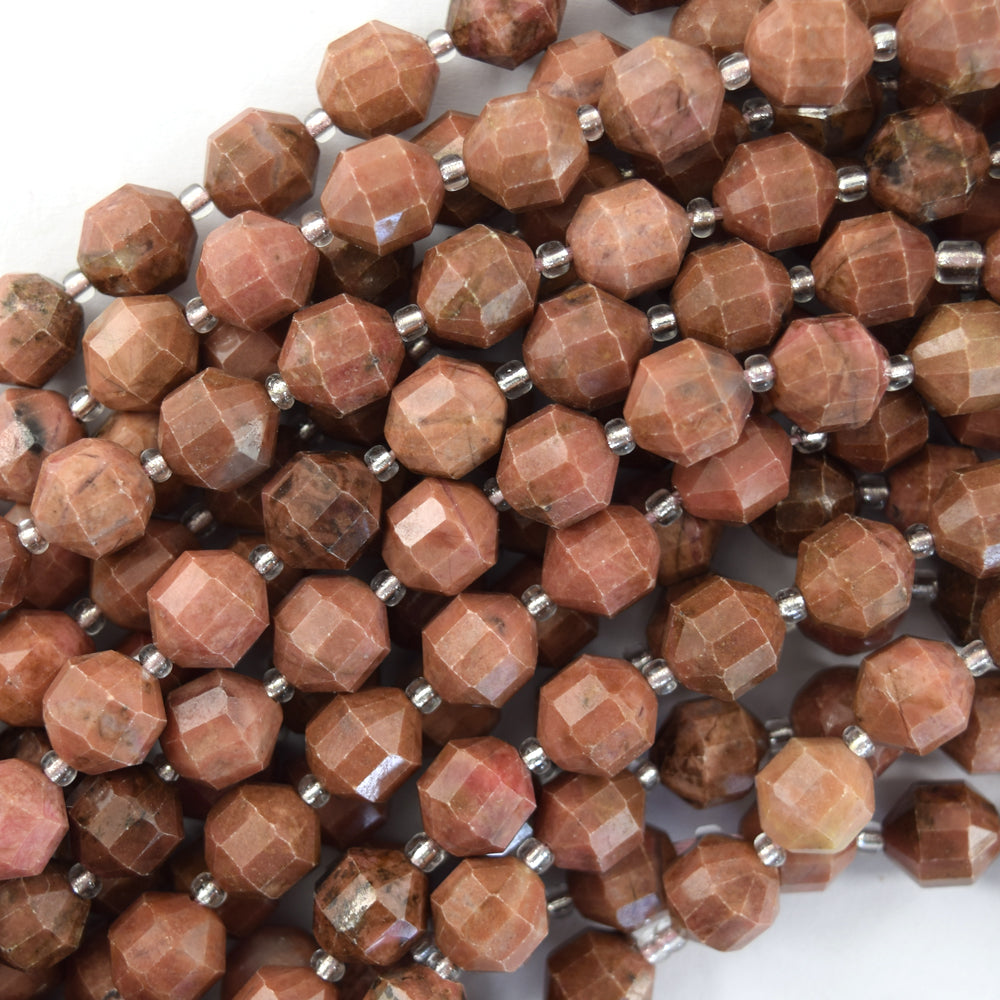 Natural Pink Rhodonite Prism Double Point Cut Faceted Beads 15.5" 8mm 10mm