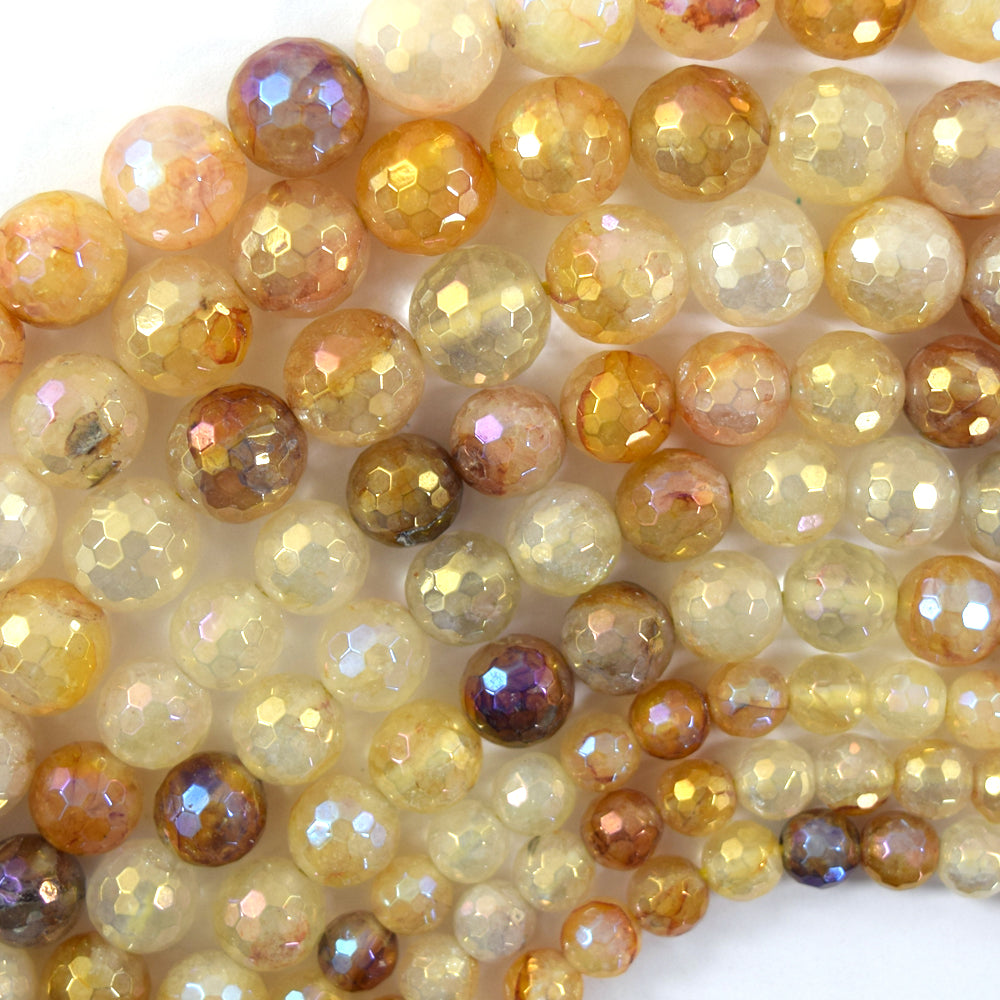 Mystic Titanium Faceted Golden Healer Quartz Round Beads 15" Strand 6mm 8mm 10mm