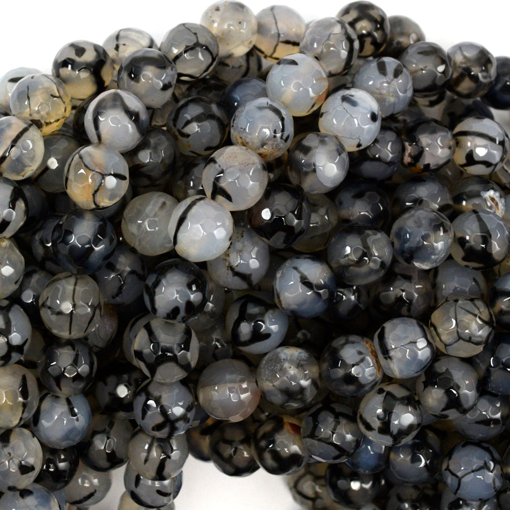 Faceted Black Dragon Vein Agate Round Beads 14.5" Strand 6mm 8mm 10mm 12mm