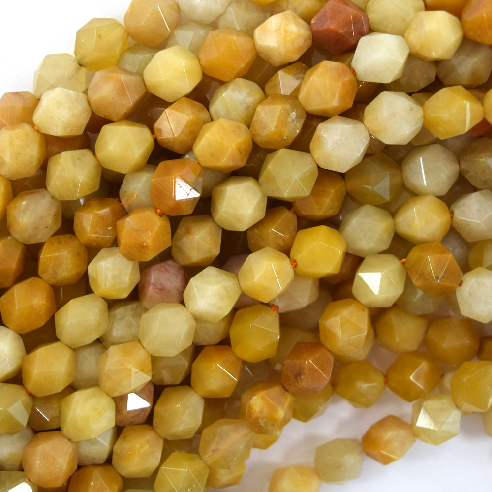 Natural Star Cut Faceted Yellow Jade Round Beads 15" Strand 6mm 8mm 10mm Diamond