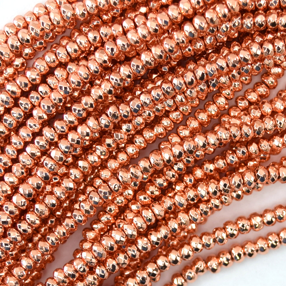 Faceted Rose Gold Hematite Rondelle Button Beads 15.5" Strand 3mm 4mm 6mm