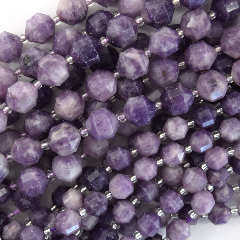 Natural Purple Lepidolite Prism Double Point Cut Faceted Beads 15.5" 8mm 10mm