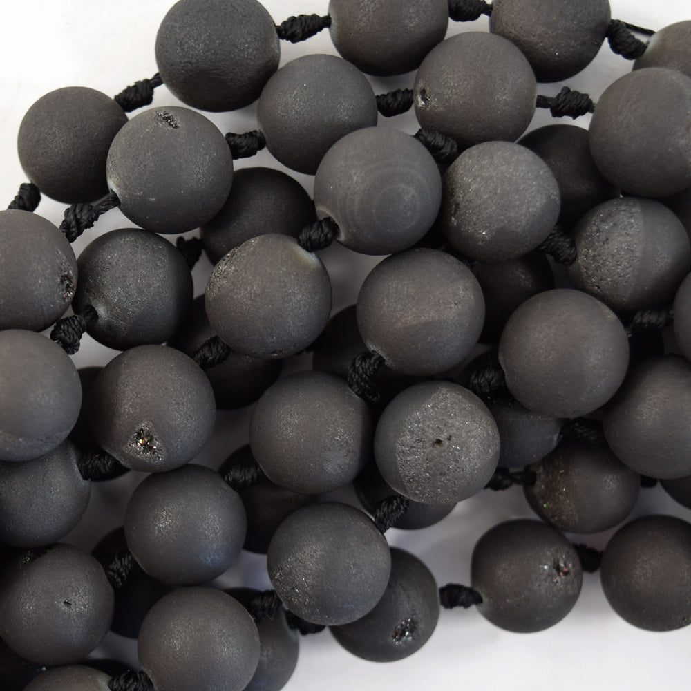 Matte Black Druzy Agate Round Gemstone Beads 15.5" Strand 6mm 8mm 10mm 12mm 14mm