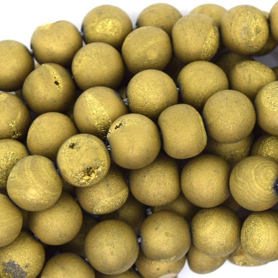 Matte Gold Druzy Agate Round Beads Gemstone 15.5" Strand 6mm 8mm 10mm