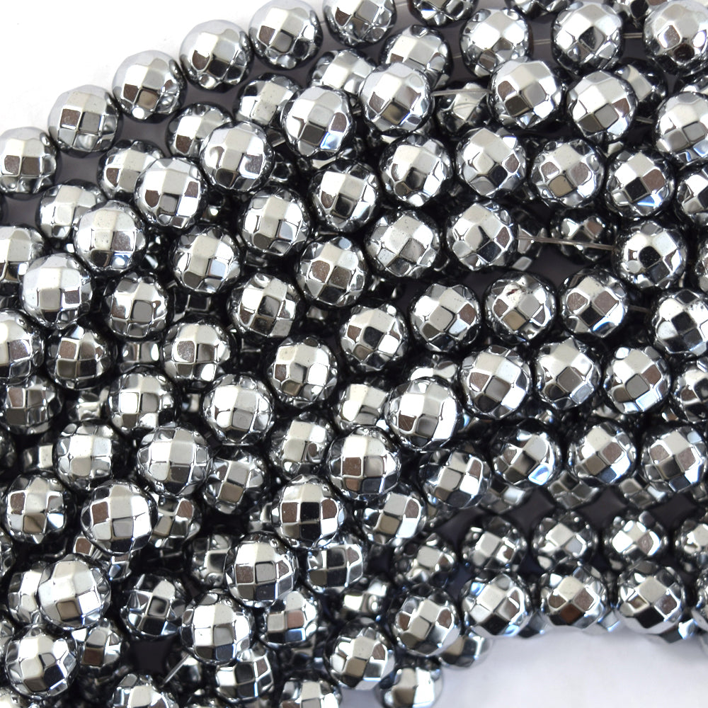 Faceted Silver Hematite Round Beads Gemstone 15.5" Strand 4mm 6mm 8mm