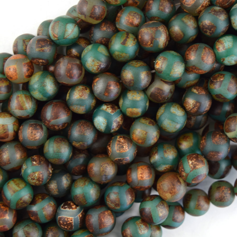 Matte Green Brown Tibetan DZI Agate Round Beads 15" Strand 6mm 8mm 10mm Football