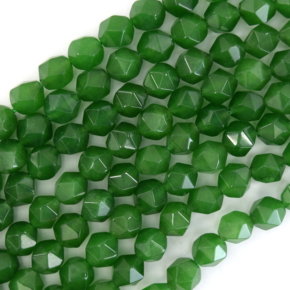 Star Cut Faceted Canada Green Jade Round Beads Gemstone 14" Strand 6mm 8mm 10mm