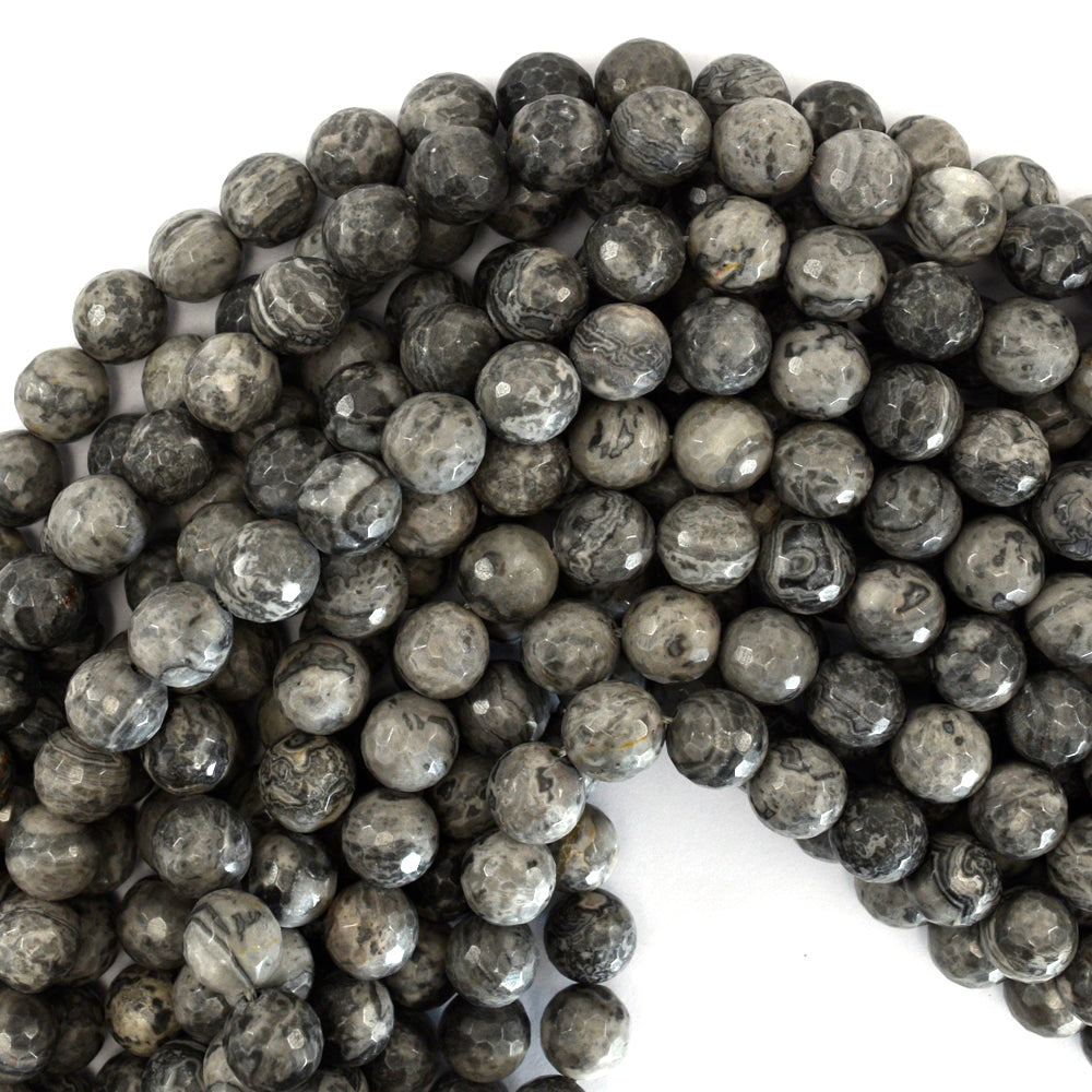 Natural Faceted Gray Map Jasper Round Beads Gemstone 15" Strand 4mm 6mm 8mm 10mm