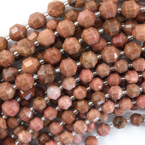 10mm faceted pink rhodonite round beads 15.5" strand