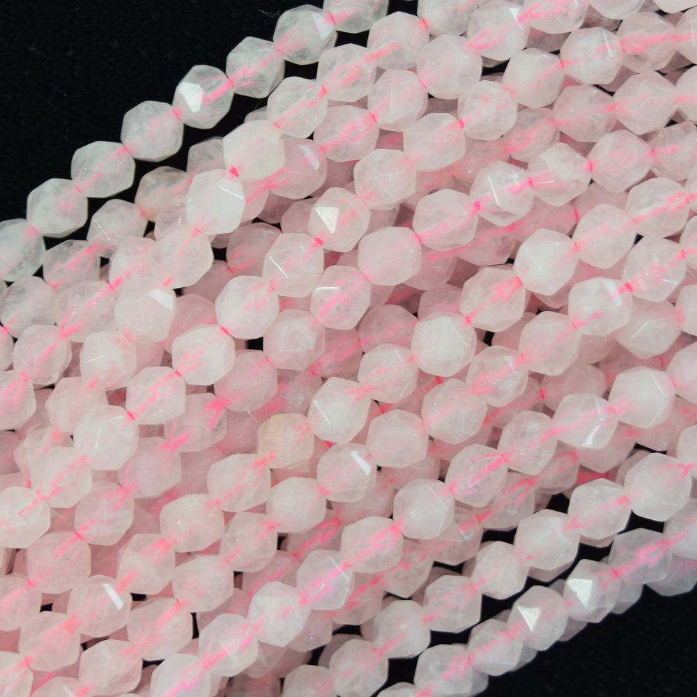 Star Cut Faceted Pink Rose Quartz Round Beads 14.5" Diamond Cut 6mm 8mm 10mm