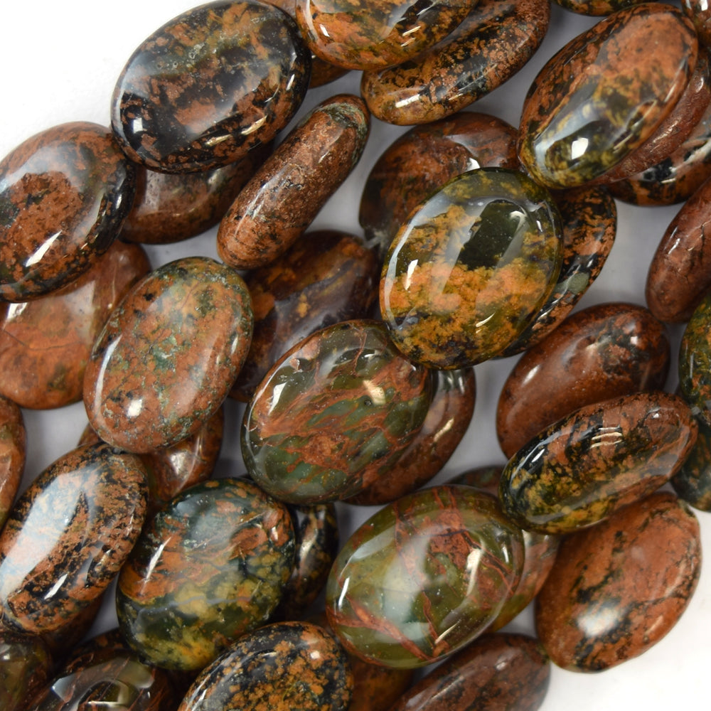 14mm brown green opal flat oval beads 16" strand