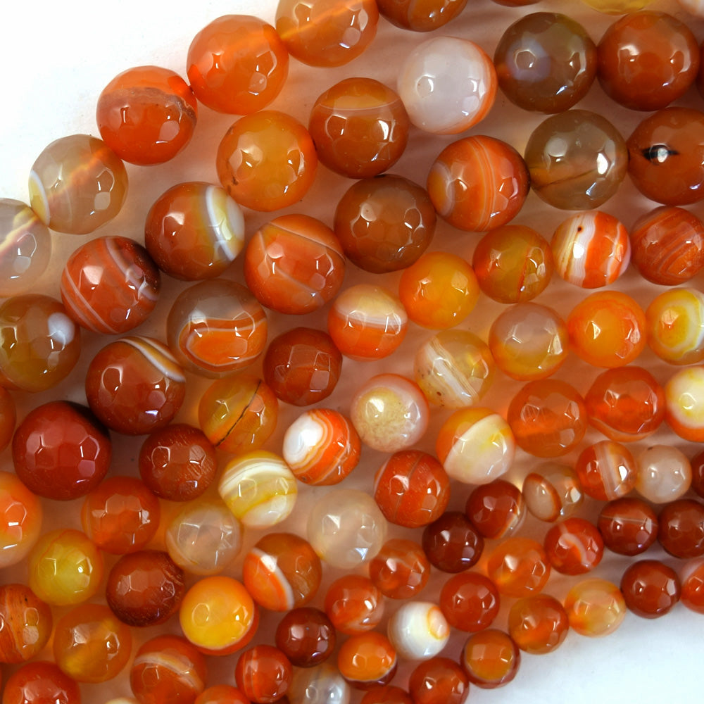 Faceted Orange Red Stripe Carnelian Round Beads 14.5" Strand 6mm 8mm 10mm