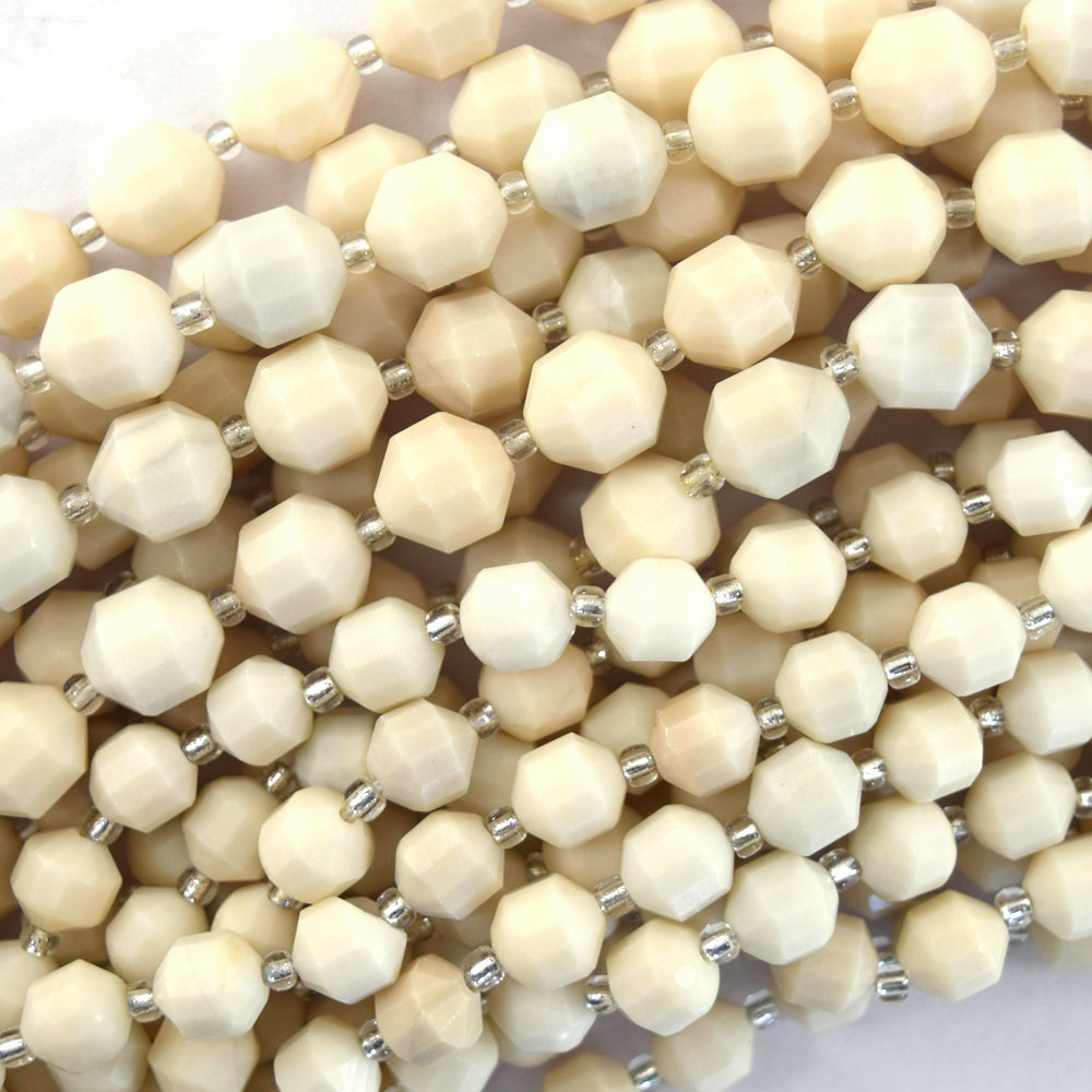 Natural Beige Jade Prism Double Point Cut Faceted Beads 15.5" Strand 8mm 10mm