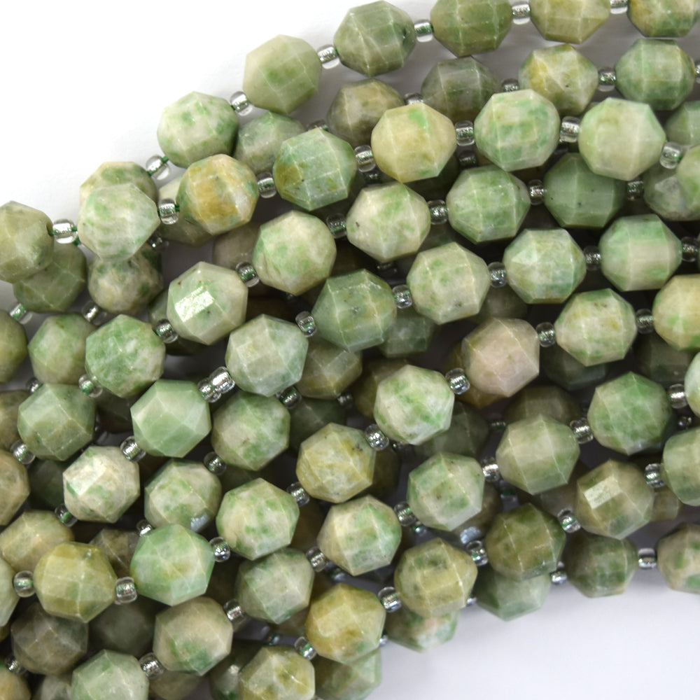 Natural Green Mountain Jade Prism Double Point Cut Faceted Beads 15.5" 8mm 10mm