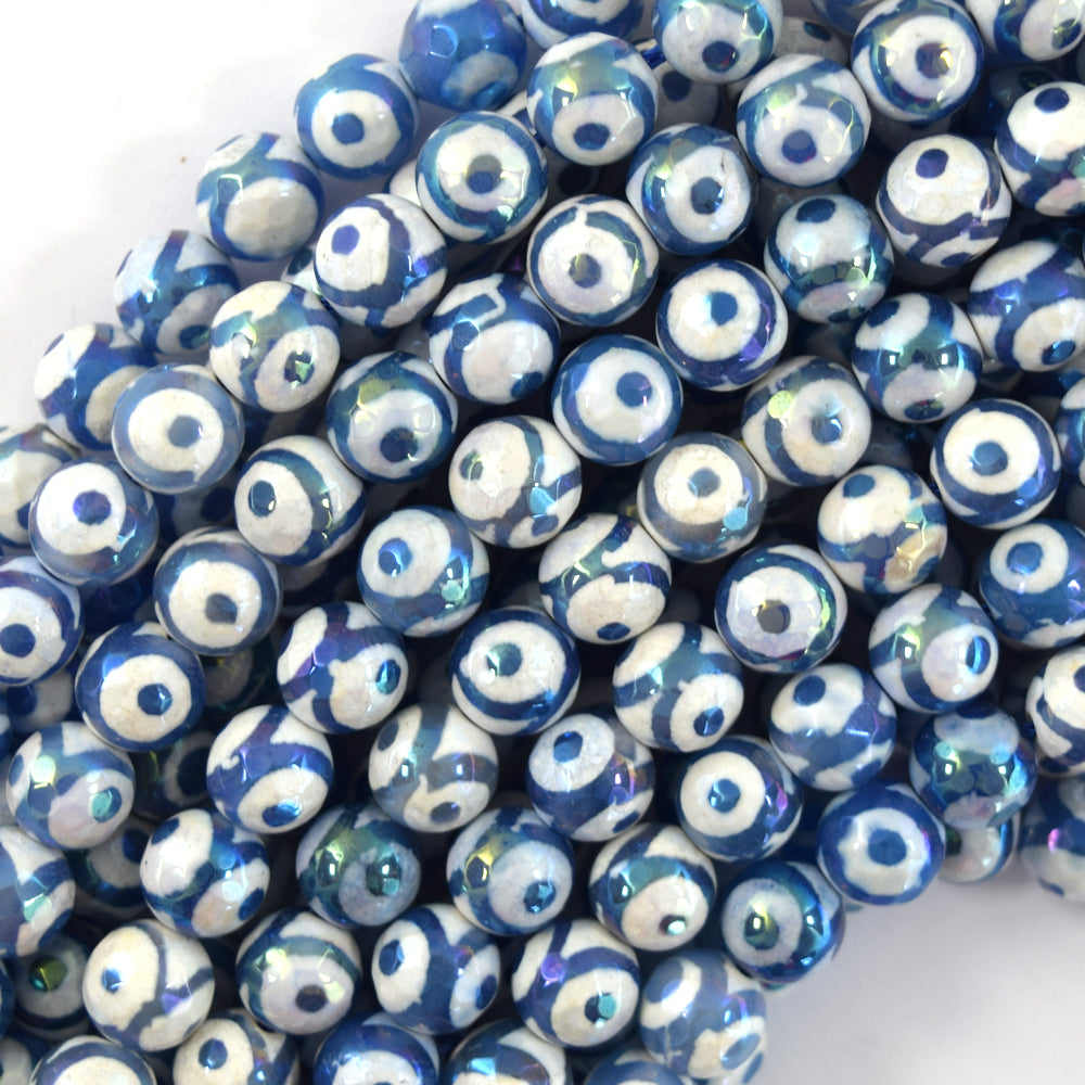 Mystic Titanium Faceted Blue Tibetan DZI Agate Round Beads 15" Eye 8mm 10mm