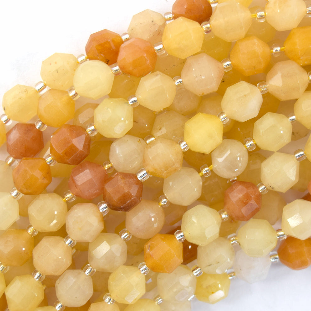 Natural Yellow Jade Prism Double Point Cut Faceted Beads 15.5" Strand 8mm 10mm