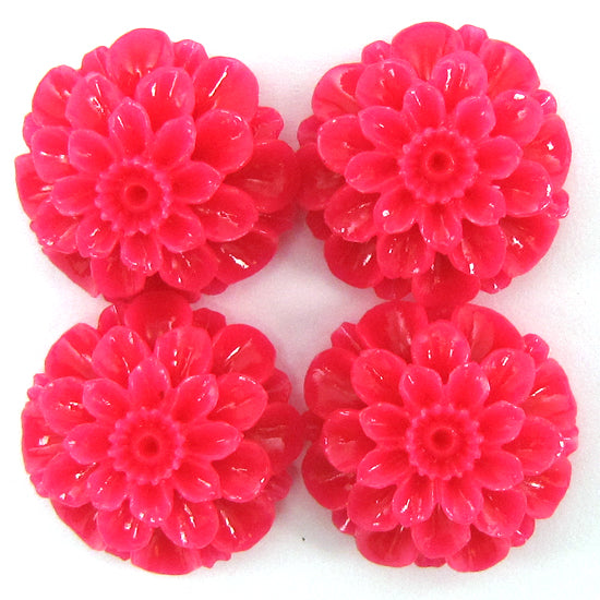 24mm synthetic coral carved chrysanthemum flower beads 15" strand 16 pcs magenta