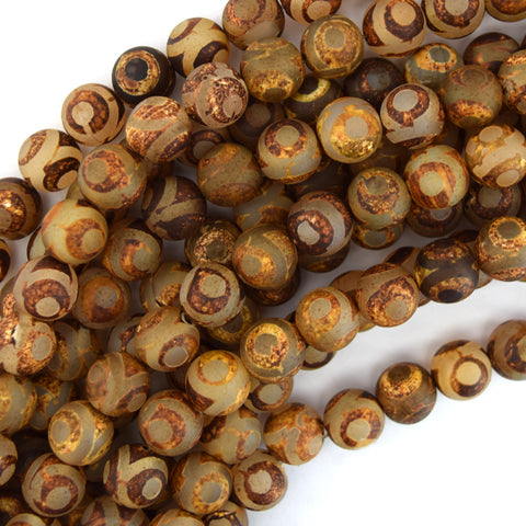 11mm - 12mm matte brown Tibetan DZI agate barrel beads 15" strand evil eye