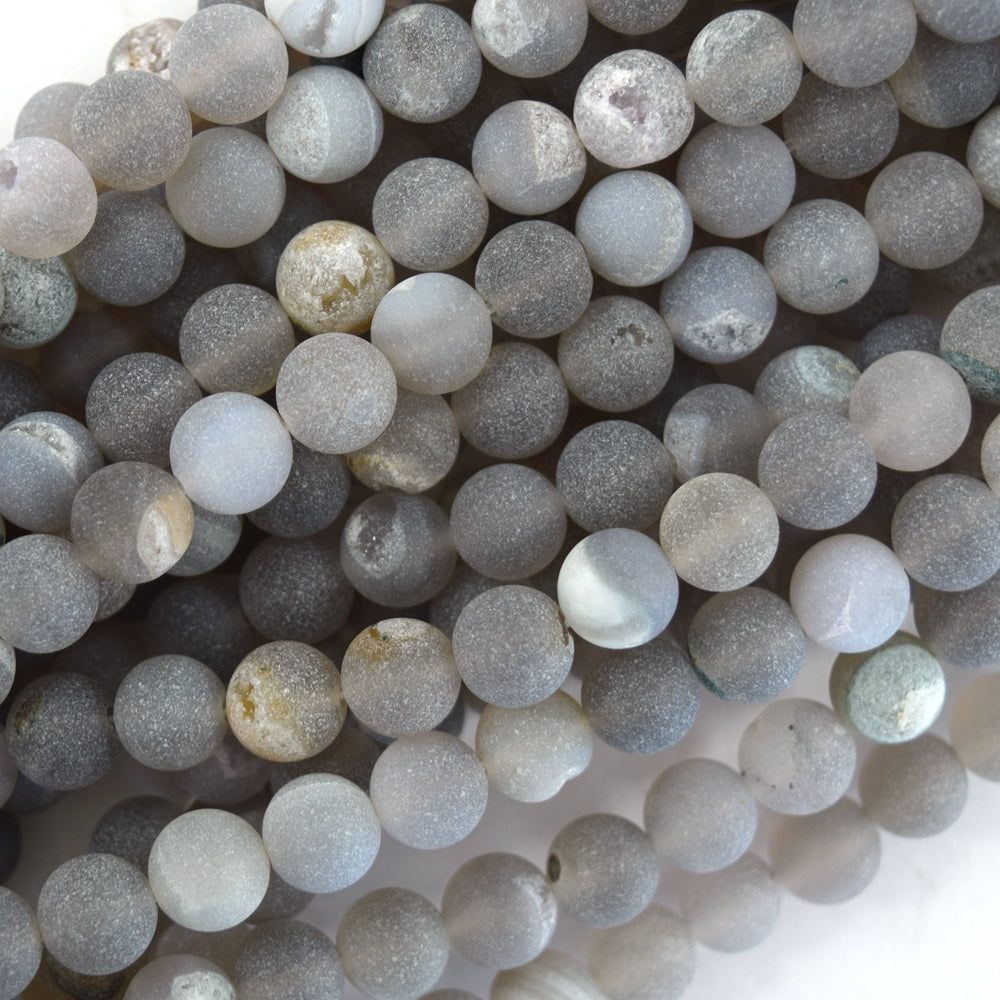 Natural Matte Gray Druzy Agate Round Beads Gemstone 15" Strand 6mm 8mm 10mm