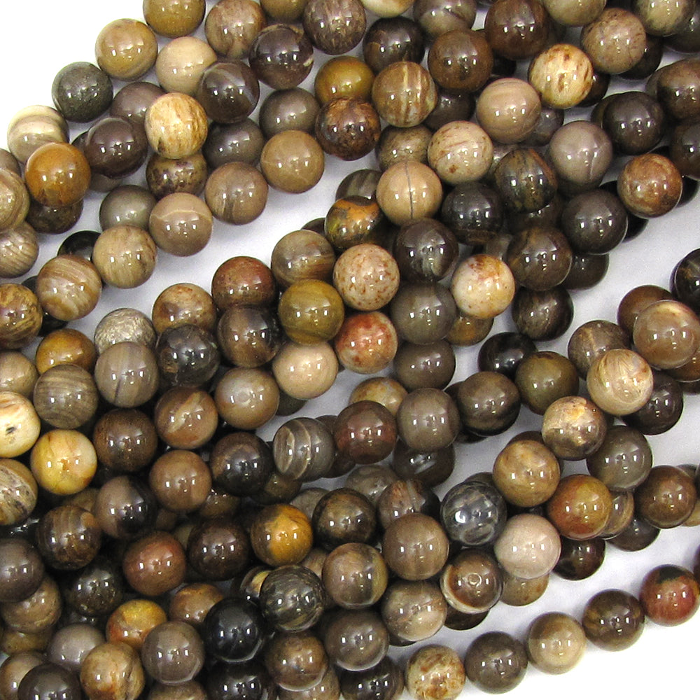 8mm petrified wood agate round beads 15.5" strand S3