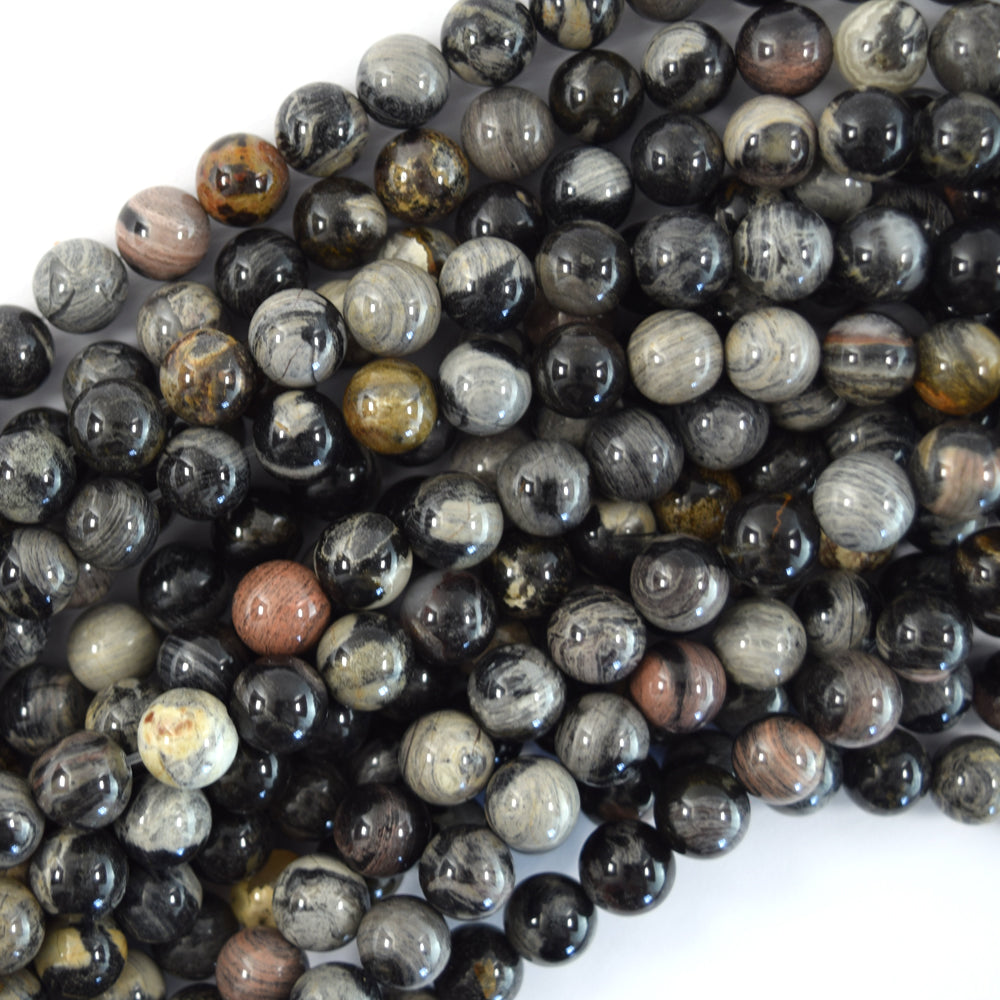 Natural Black Silver Leaf Jasper Round Beads 15.5" Strand 6mm 8mm 10mm