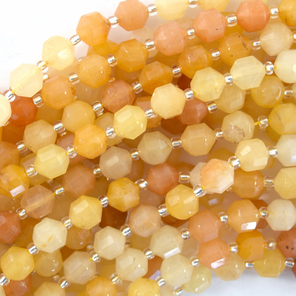 Natural Yellow Jade Prism Double Point Cut Faceted Beads 15.5" Strand 8mm 10mm