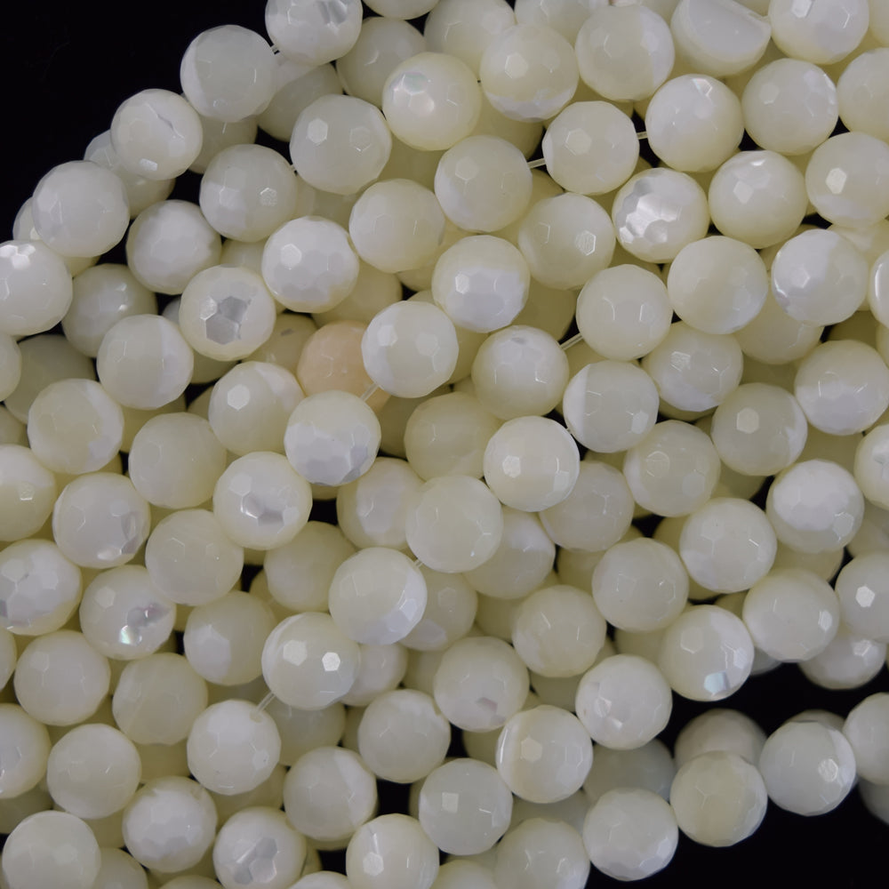 Faceted White Mother Of Pearl MOP Round Beads 15.5" Strand 3mm 4mm 6mm 8mm 10mm