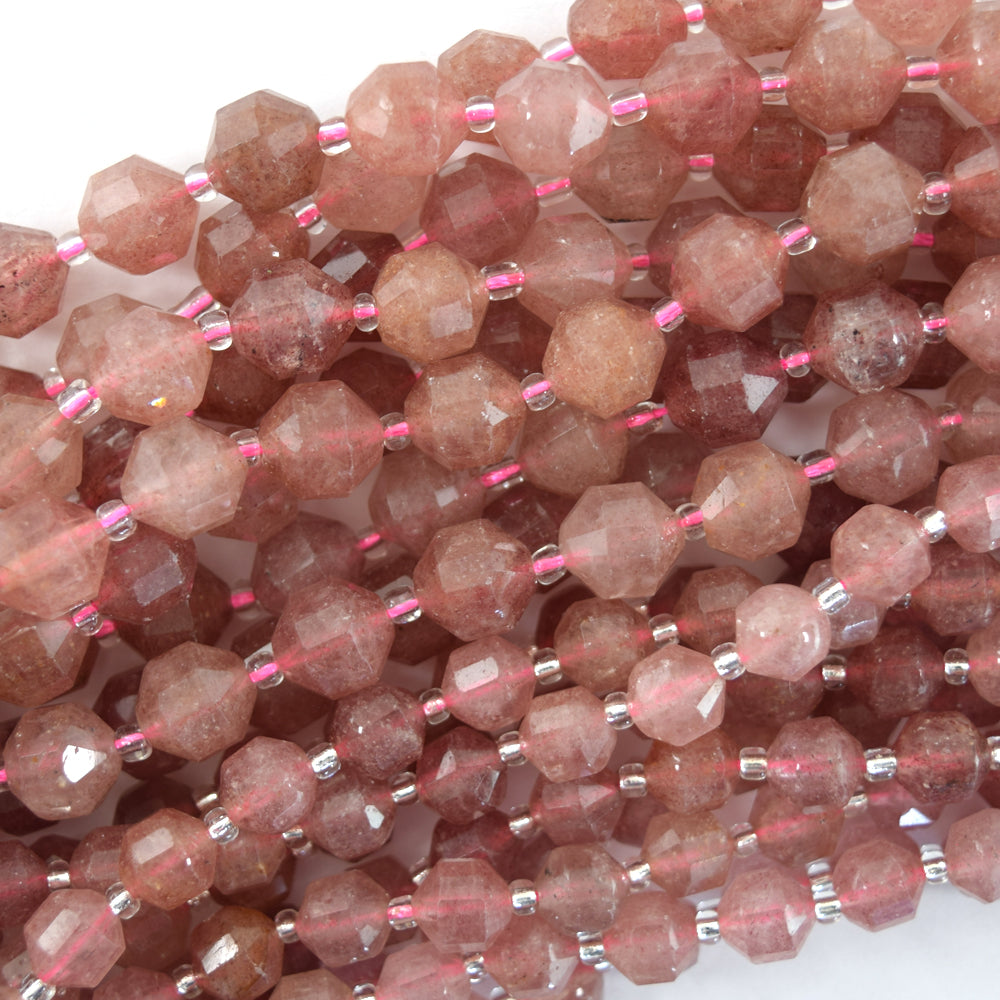 Natural Strawberry Quartz Prism Double Point Cut Faceted Beads 15.5" 8mm 10mm