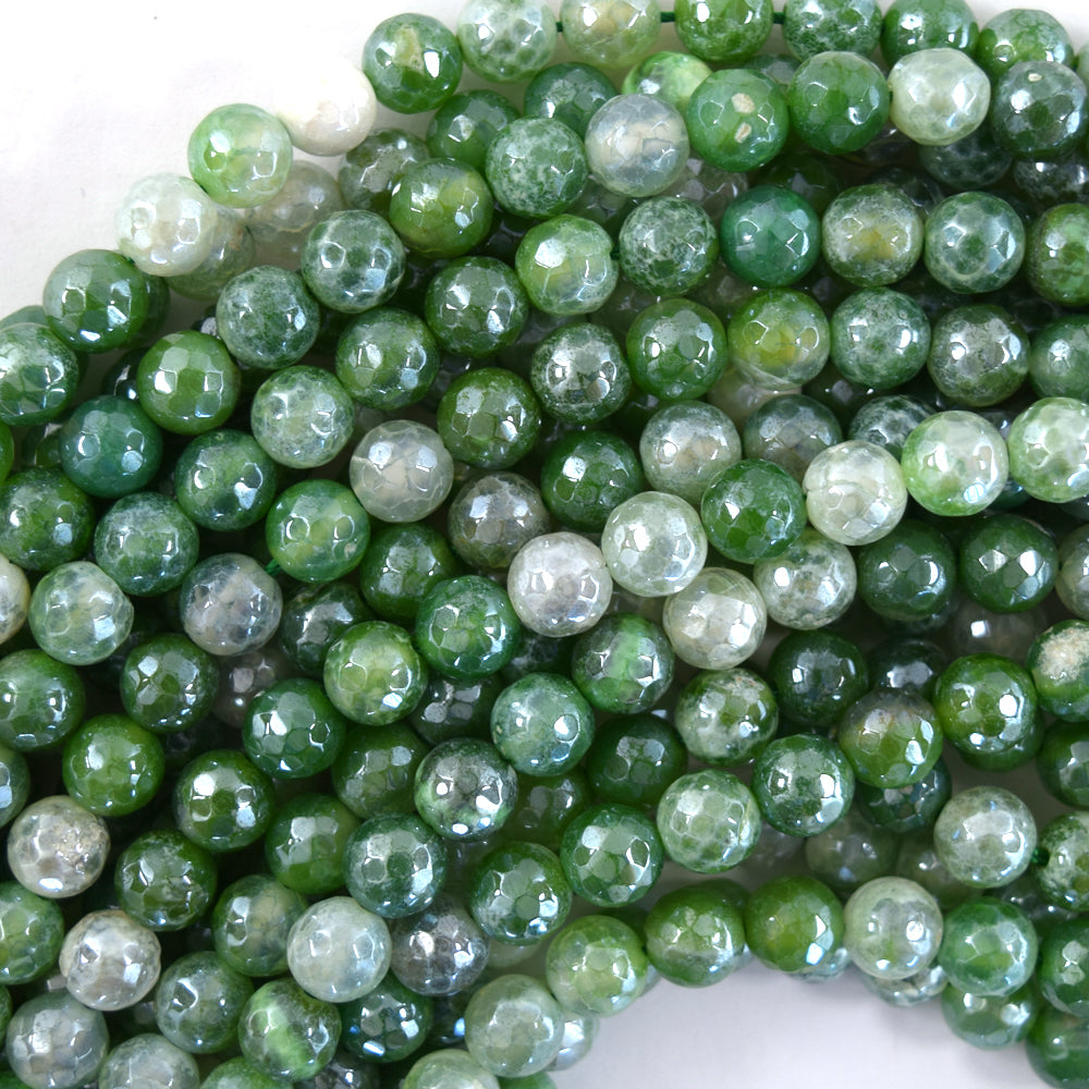 Mystic Titanium Faceted Green Fire Agate Round Beads 15" Strand 6mm 8mm 10mm