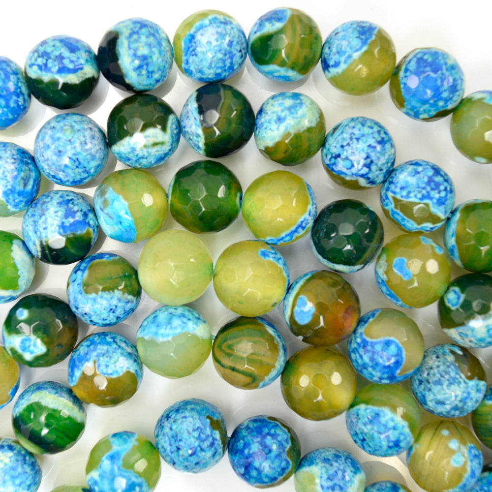 Faceted Blue Green Agate Round Beads Gemstone 15" Strand 6mm 8mm 10mm 12mm