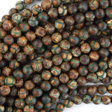 Matte Green Brown Tibetan DZI Agate Round Beads 15