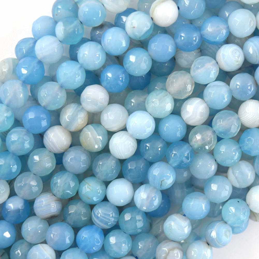 Faceted Sky Blue Stripe Agate Round Beads Gemstone 14.5" Strand 6mm 8mm 10mm