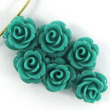 6 14mm synthetic coral carved rose flower pendant bead green