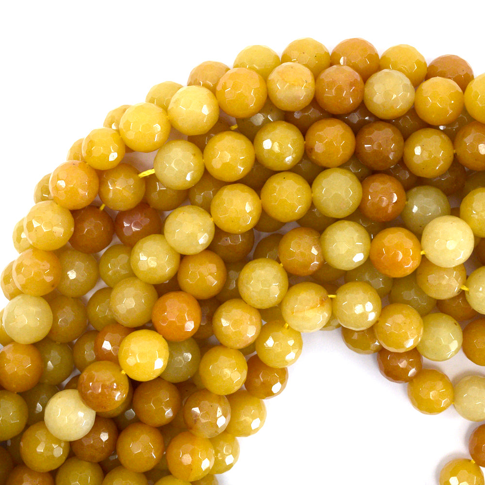 Natural Faceted Yellow Jade Round Beads 15" Strand 4mm 6mm 8mm 10mm 12mm
